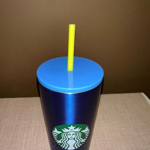Starbucks Venti Metal Tumbler Blue Speckles Yellow Straw Cold Cup NWT - Picture 3 of 6